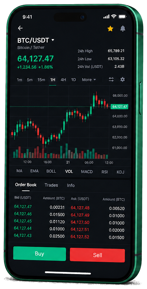 Profitaron Fondreux app móvil para trading: gráfico BTC/USDT en tiempo real, libro de órdenes y panel para comprar y vender